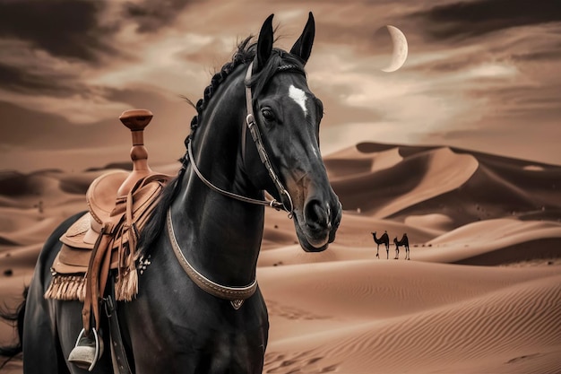 a horse with a white star on its head is in the desert