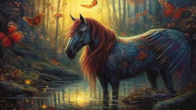 A horse with wings stands in a pond with leaves on the ground.