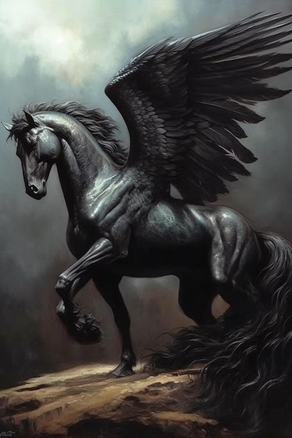 A horse with wings that says'pegasus'on it