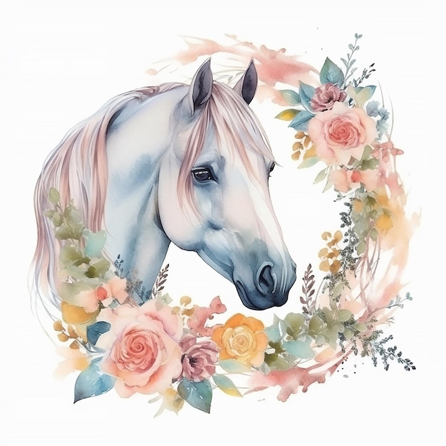 A horse with a wreath of flowers