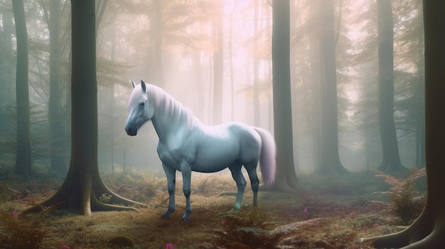 A horse in the woods with a light on it