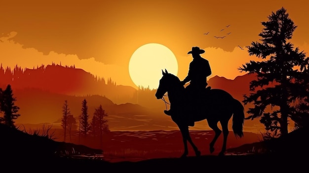 On horseback a cowboy in silhouette Generative AI and ranching
