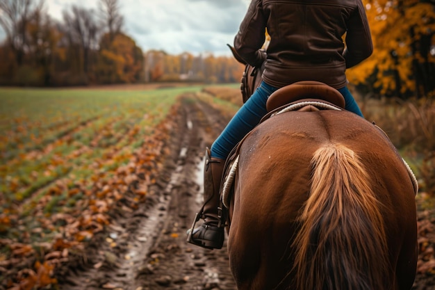 Foto a cavallo attraverso i campi autunnali donna a cavallo