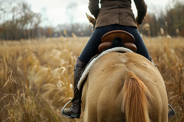 Езда на лошадях по осенним полям Женщина едет на лошади