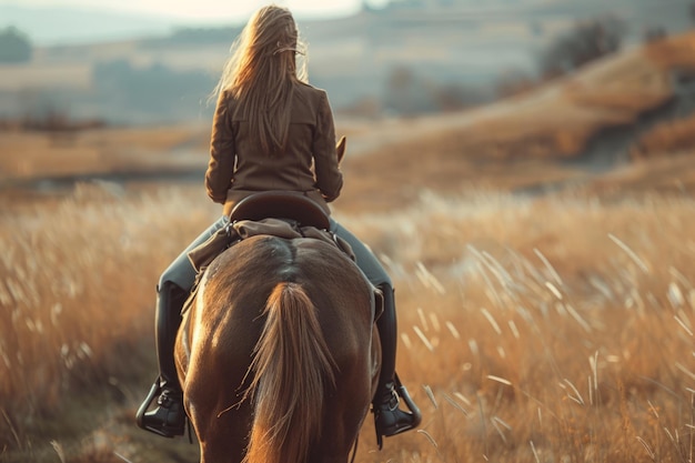 Photo horseback ride through autumn fields woman riding horse