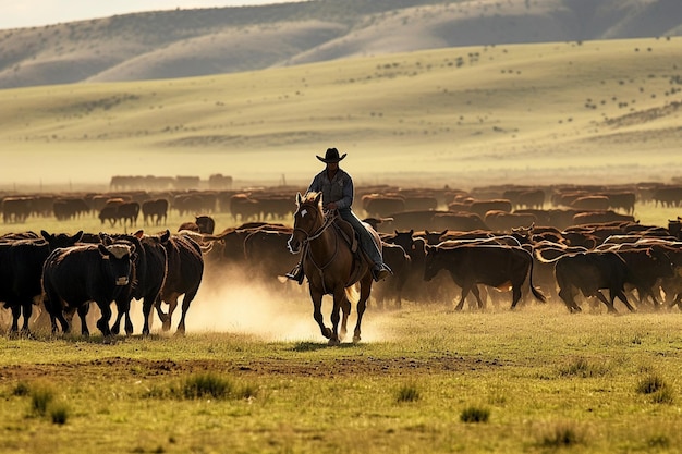 写真 牧場 で 牛 を 飼う 馬 に 乗っ て いる 人