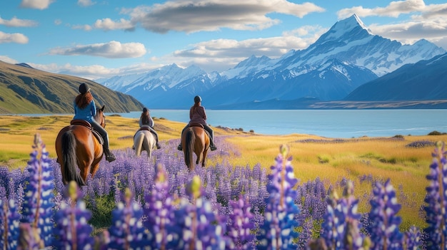 Horseback riders navigate through a field of lupine flowers during their travels