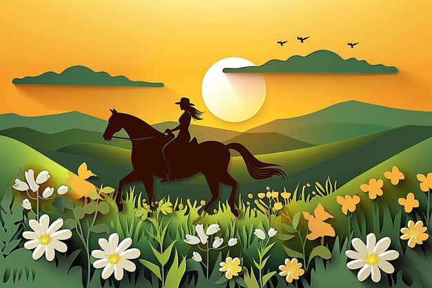 Photo horseback riding through a meadow vector paper cut style summer day with warm sunlight
