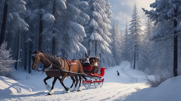 HorseDrawn Sleigh in SnowCovered Forest