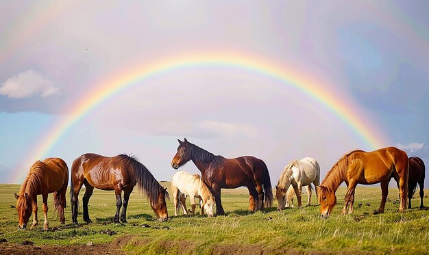 Foto i cavalli pascolano in un campo sotto un arcobaleno.