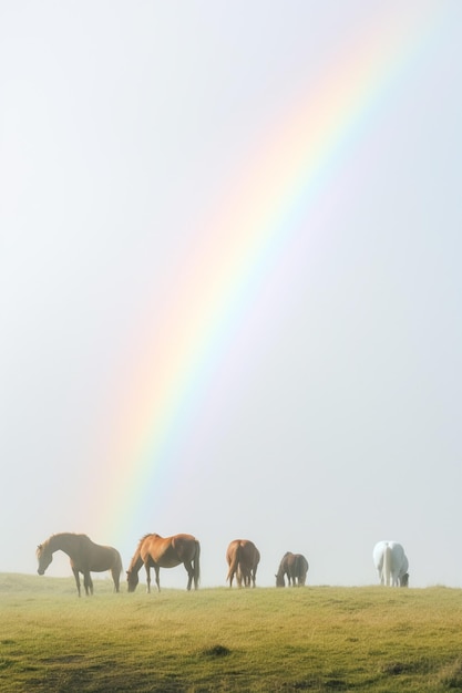 Photo horses are standing in a field under a rainbow