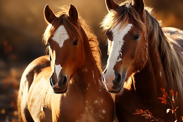 Horses are standing in the golden sunset