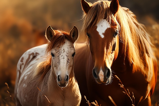 Horses are standing in the golden sunset