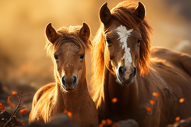 Horses are standing in the golden sunset