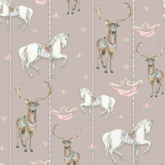 말과 사슴 줄무늬 코코아 패턴 수채화