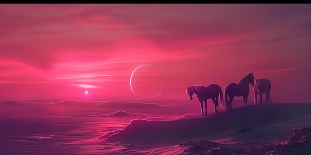 Horses on the edge of a desert at sunset with the crescent and a full moon at night Eid Mubarak
