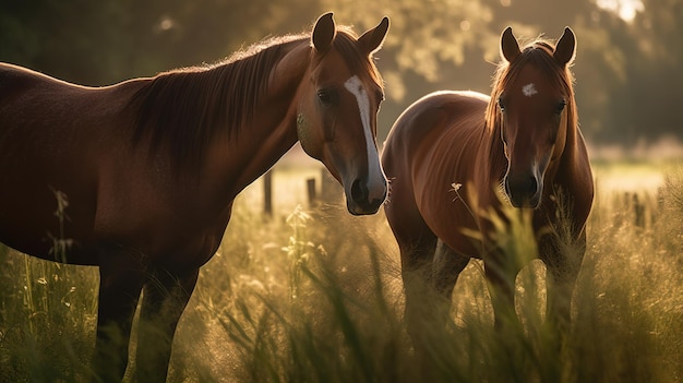 Horses in a field with the sun shining on them