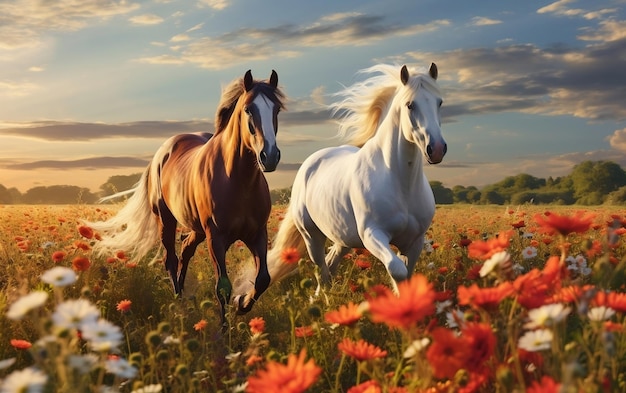 Horses in flower meadow Generative AI