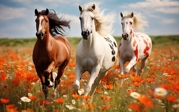 Horses in flower meadow Generative AI