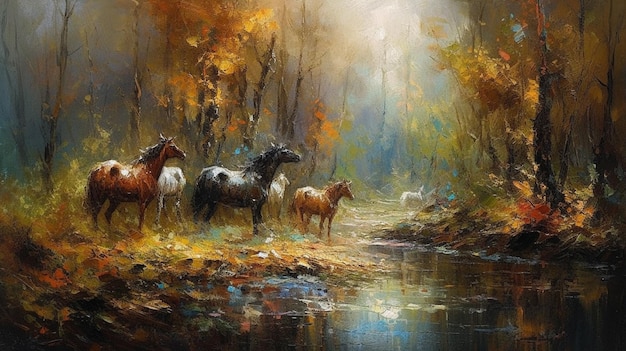 Horses in a forest with autumn leaves