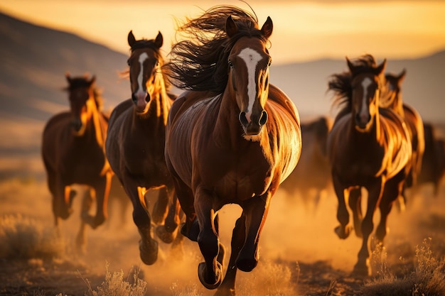 Horses in full gallop their flowing manes catching the wind running across a golden savannah under the warm rays of a setting sun emphasizing the power and grace of their movement