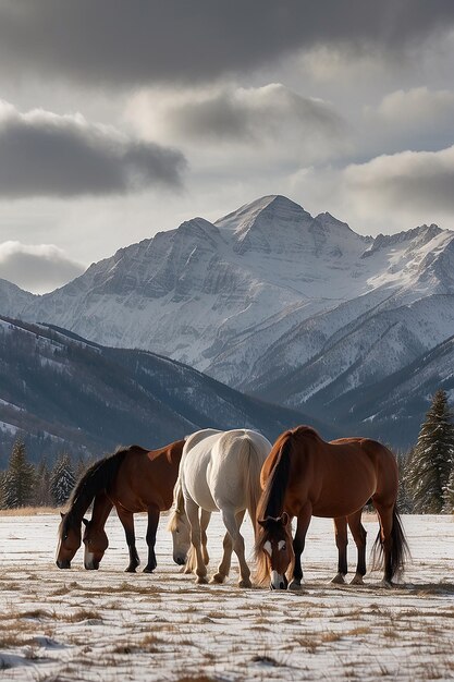 Photo horses grazing on grass in snow with rocky mountains in the background there is light snow falling