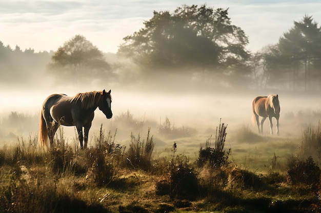 Horses Grazing in Misty Field