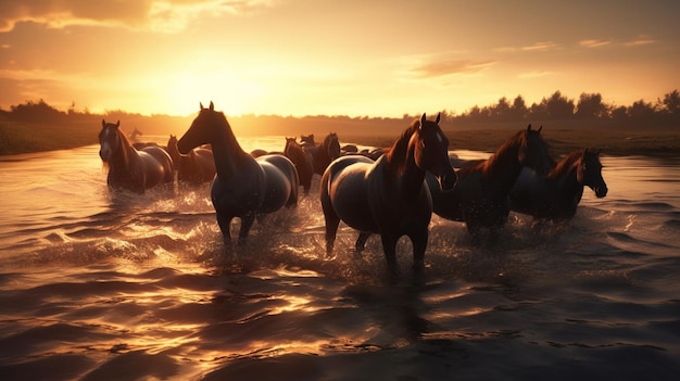 夕暮れ時の湖の馬馬のある美しい田園風景生成ai