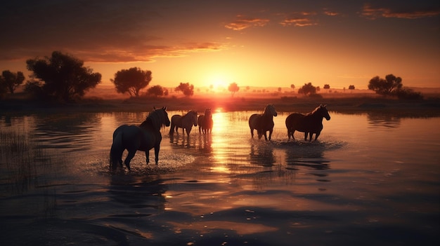 Horses in the lake at sunset Beautiful rural landscape with horsesgenerative ai