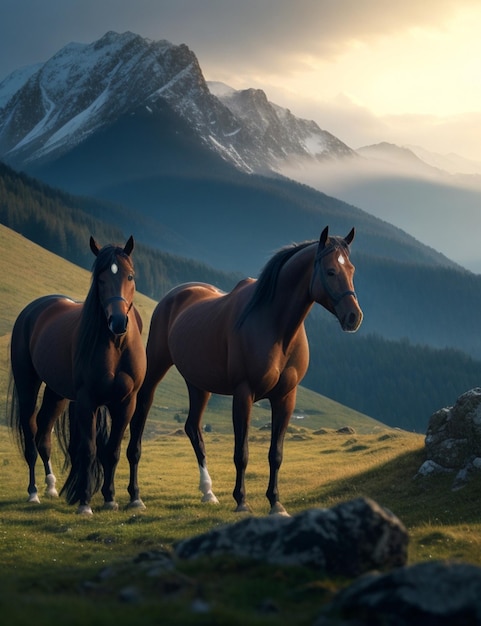 Carpathians 벽지의 산에 있는 말