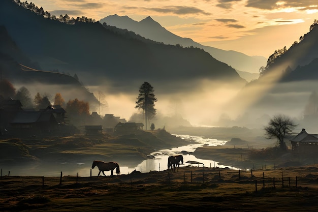 Horses in mountains misty morning High resolution