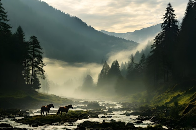 Horses in mountains misty morning High resolution