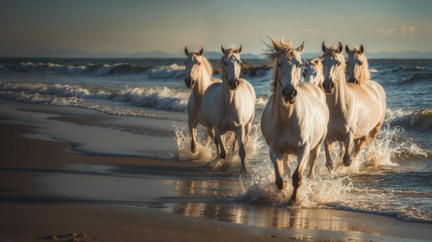 写真 浜辺の馬たち