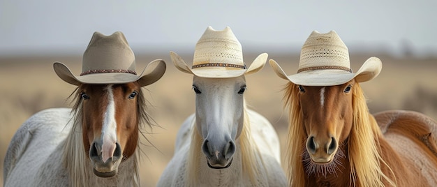 Horses and ponies wearing cowboy hats