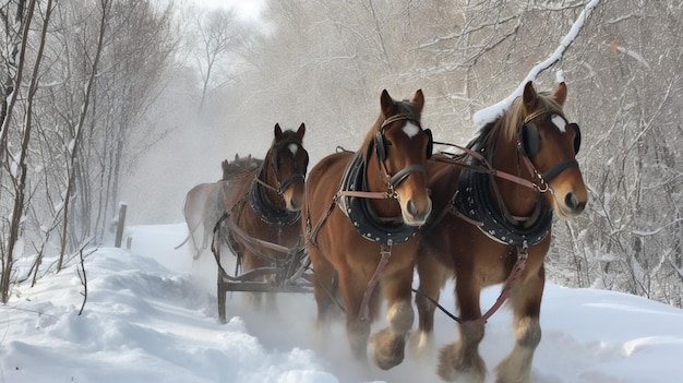 雪の中そりを引く馬