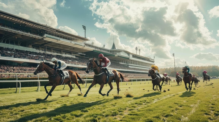 Photo ジョッキーと群衆の背景にあるトラックでの馬のレース