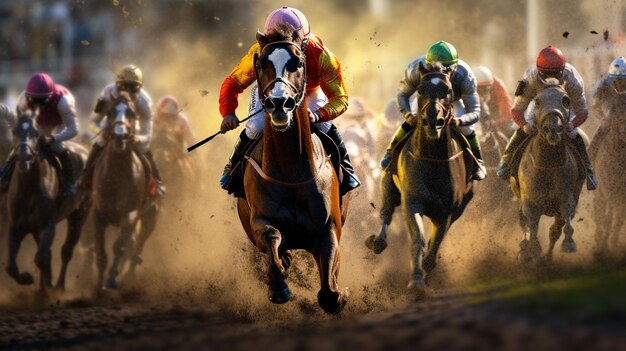 horses racing down a dirt track with jockeys on them generative ai