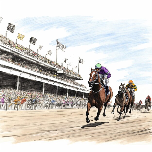 horses racing on a track with a crowd watching generative ai
