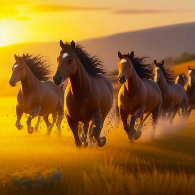 Horses running across by sunset