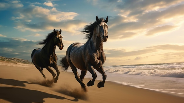 Horses running on beach HD 8K wallpaper background Stock Photographic Image