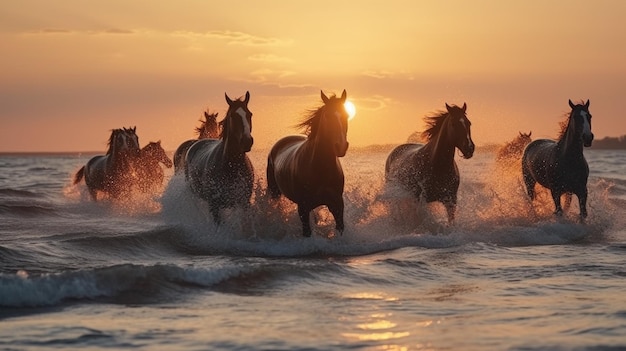 Horses running on the beach at sunset