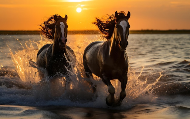 Foto cavalli che corrono sulla spiaggia al tramonto