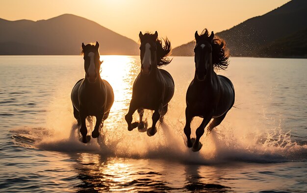 Photo horses running on the beach at sunset