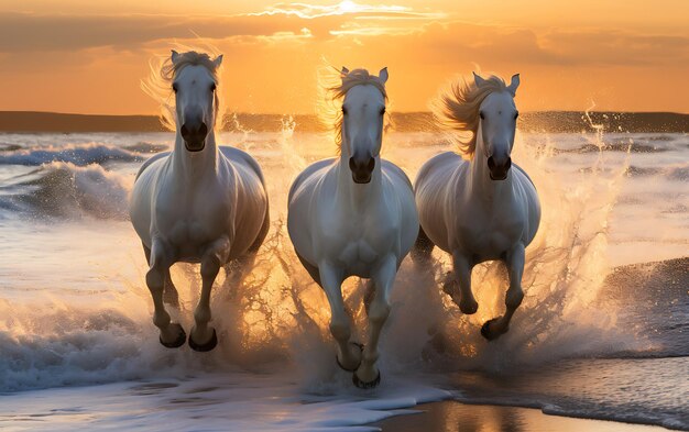 Photo horses running on the beach at sunset