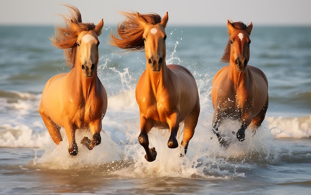 Foto cavalli che corrono sulla spiaggia al tramonto