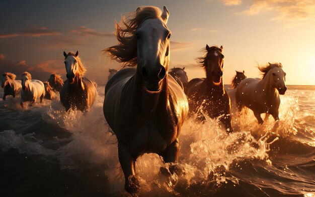 Foto cavalli che corrono sulla spiaggia al tramonto