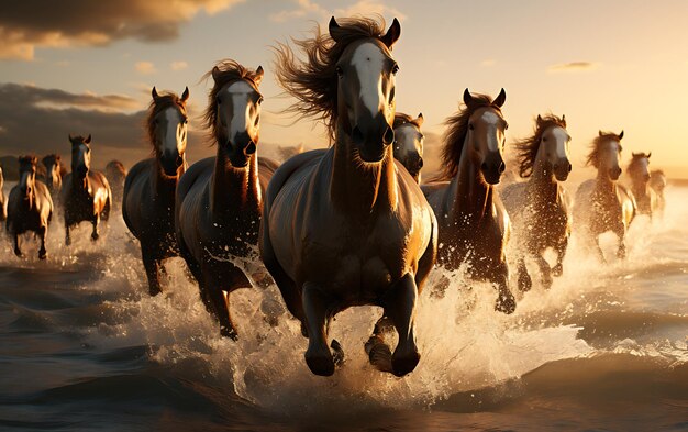 Photo horses running on the beach at sunset