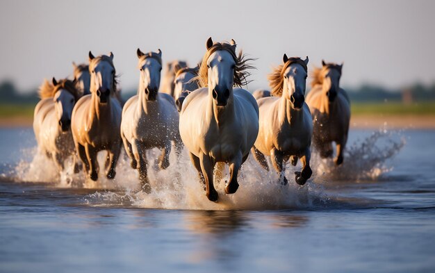 Photo horses running on the beach at sunset