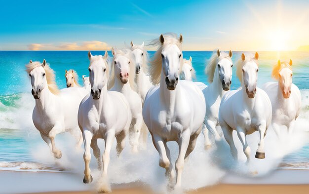 Foto cavalli che corrono sulla spiaggia al tramonto