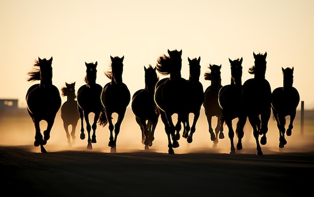 Photo horses running on the beach at sunset
